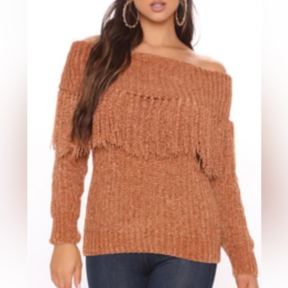Forever 21 Brown Chenille Ribbed Mock Neck fringe on or off shoulder  Sweater  S - Picture 1 of 7